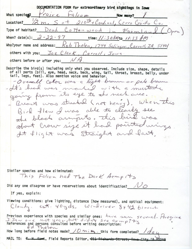 Rare bird documentation form for a Prairie Falcon in Cerro Gordo County, IA on February 22, 1997.