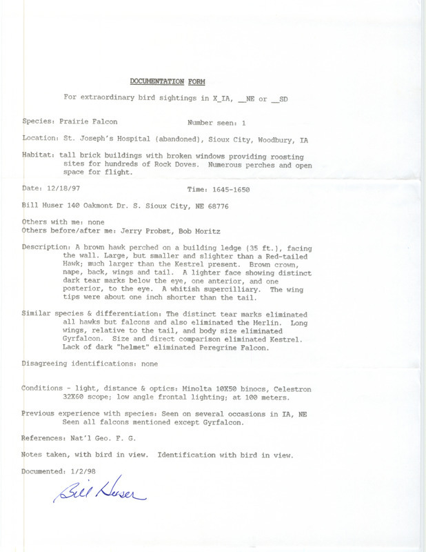 Rare bird documentation form for a Prairie Falcon at St. Joseph's Hospital (abandoned) in Sioux City in Woodbury County, IA on December 18, 1997.