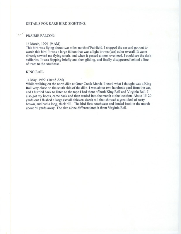 Rare bird sighting for a Prairie Falcon north of Fairfield in Jefferson County, IA on March 16, 1999. Document contains additional species sighting information.