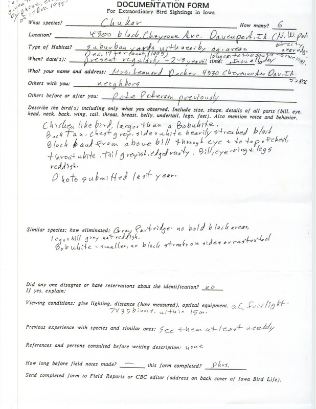 Rare bird documentation form for six Chukars at Davenport in Scott County, IA on December 17, 1995. The birds were also present for two to three years starting in 1981.