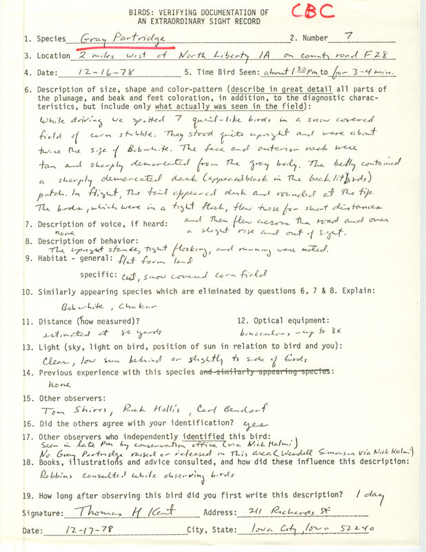 Rare bird documentation form for seven Gray Partridges west of North Liberty in Johnson County, IA on December 16, 1978.