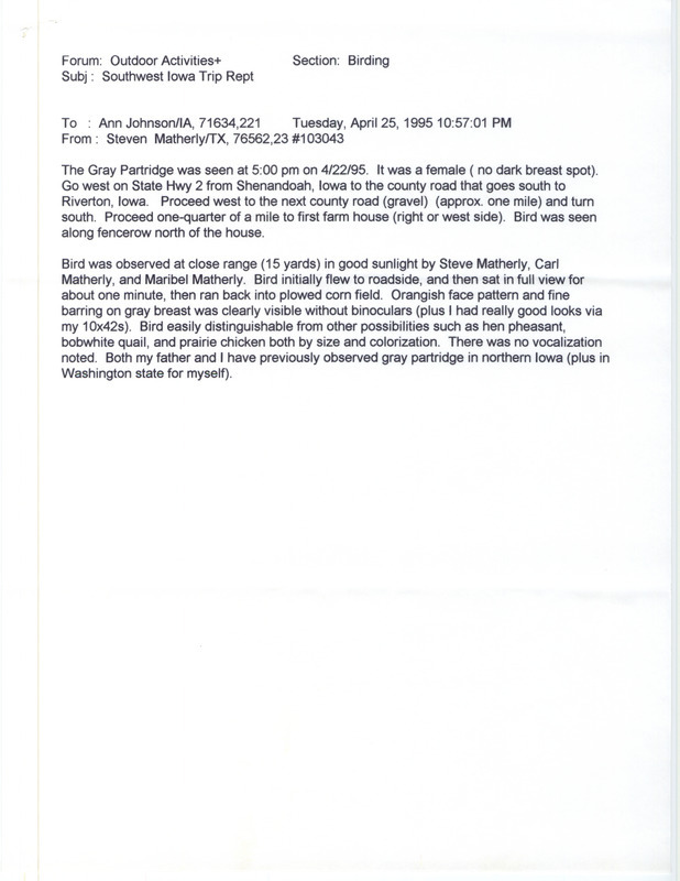 Rare bird documentation form for a Gray Partridge near Shenandoah in Page County, IA on April 22, 1995. It was submitted as an email from Steve Matherly to Ann Johnson on April 25, 1995.