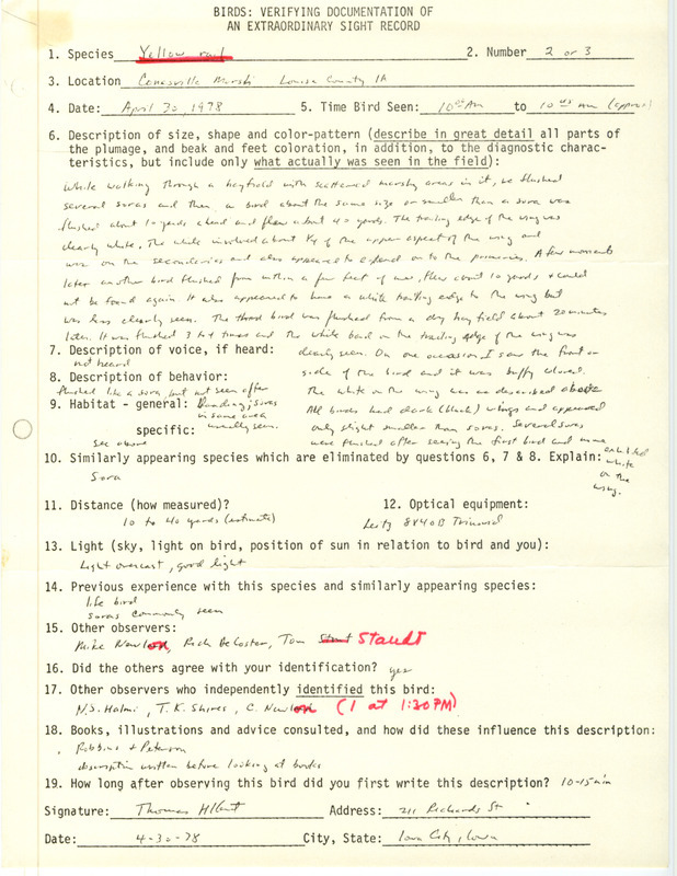 Rare bird documentation form for two or three Yellow Rails at Conesville March in Louisa County, IA on April 30, 1978.