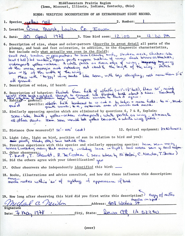 Rare bird documentation form for a Yellow Rail at Cone March in Louisa County, IA on April 30, 1978.