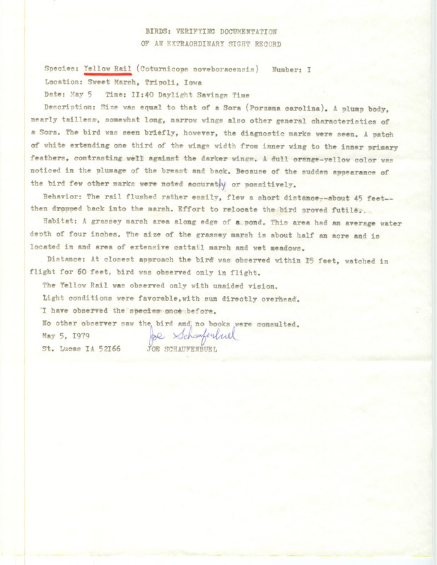 Rare bird documentation form for a Yellow Rail at Sweet March in Bremer County, IA on May 5, 1979.