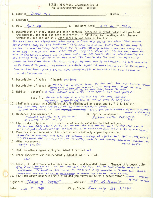 Rare bird documentation form for a Yellow Rail at Swan Lake in Johnson County, IA on April 28, 1980.