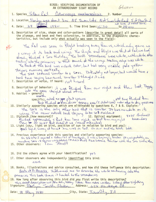 Rare bird documentation form for a Yellow Rail at Swan Lake in Johnson County, IA on April 28, 1980.