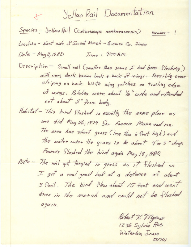 Rare bird documentation form for a Yellow Rail at Sweet March in Bremer County, IA on May 11, 1980.