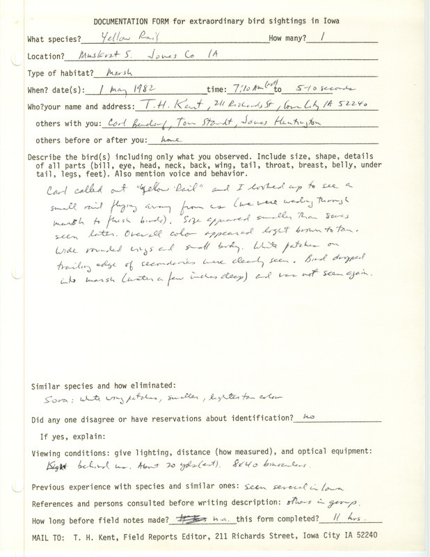 Rare bird documentation form for a Yellow Rail at Muskrat Slough in Jones County, IA on May 1, 1982.