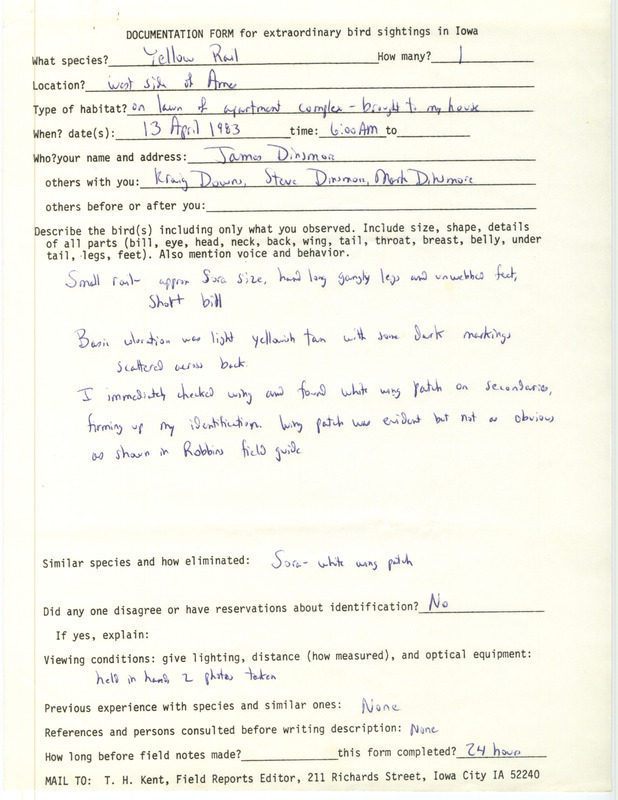 Rare bird documentation form for a Yellow Rail at Ames in Story County, IA on April 13, 1983.