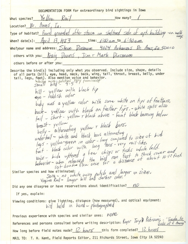 Rare bird documentation form for a Yellow Rail at Ames in Story County, IA on April 13, 1983.