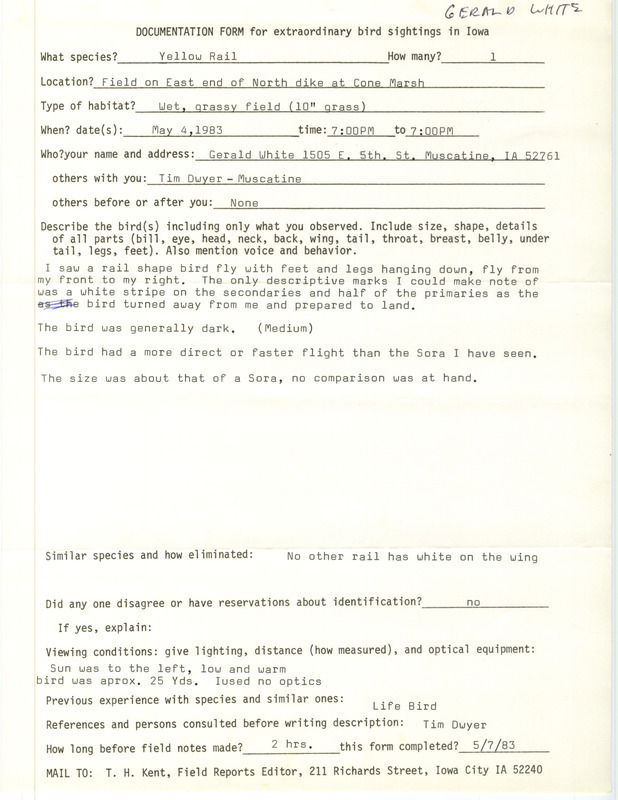 Rare bird documentation form for a Yellow Rail at Cone March in Louisa County, IA on May 4, 1983.