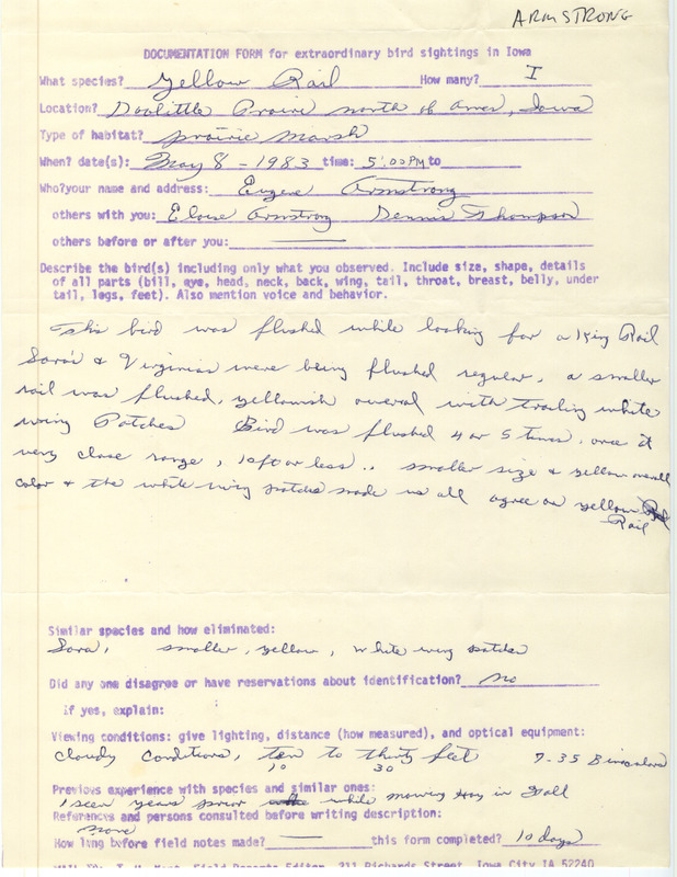 Rare bird documentation form for a Yellow Rail at Doolittle Prairie State Preserve in Story County, IA on May 8, 1983.