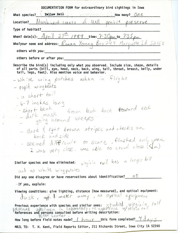 Rare bird documentation form for a Yellow Rail at University of Northern Iowa in Black Hawk County, IA on April 27, 1984.