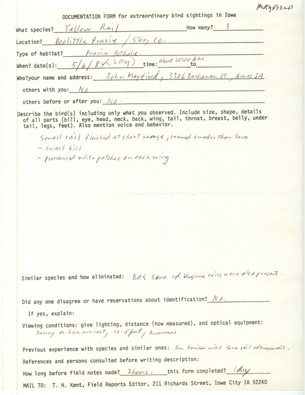 Rare bird documentation form for a Yellow Rail at Doolittle Prairie in Story County, IA on May 6, 1984.