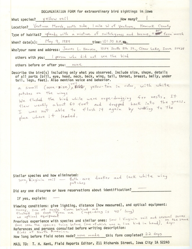 Rare bird documentation form for a Yellow Rail at Ventura March in Hancock County, IA on May 9, 1984.