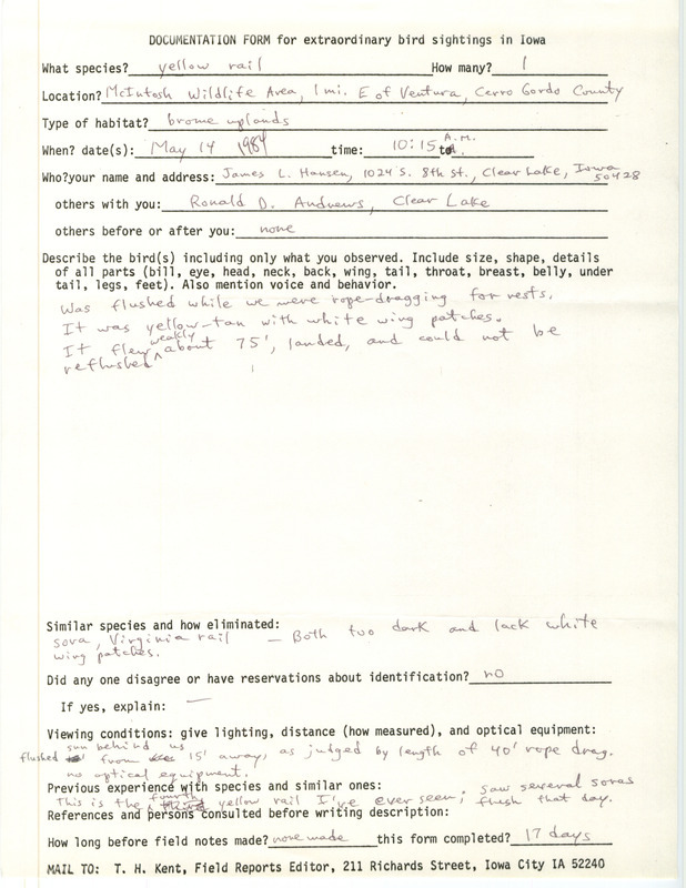 Rare bird documentation form for a Yellow Rail at McIntosh Wildlife Area in Cerro Gordo County, IA on May 14, 1984.