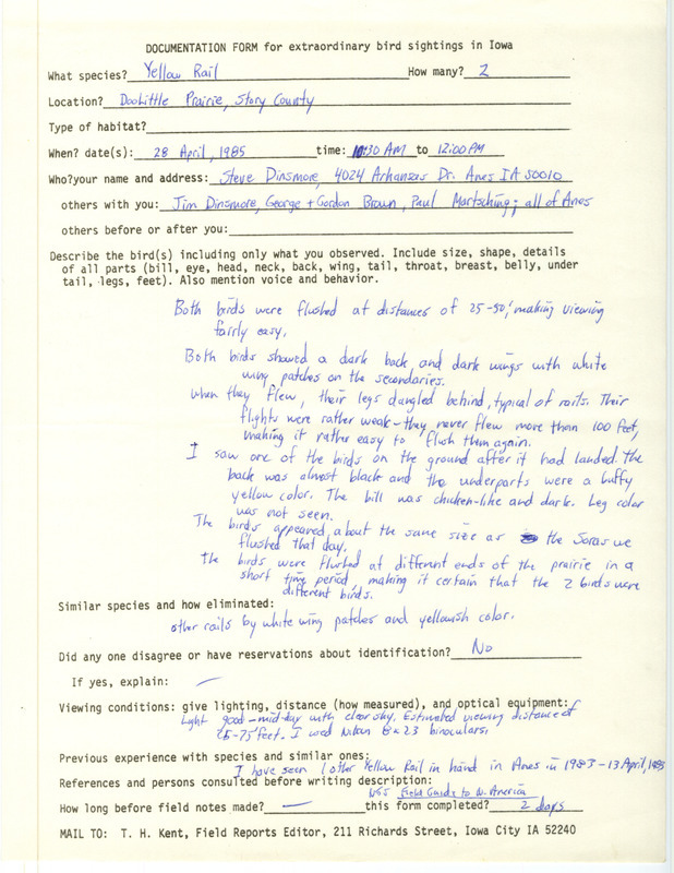 Rare bird documentation form for two Yellow Rails at Doolittle Prairie in Story County, IA on April 28, 1985.