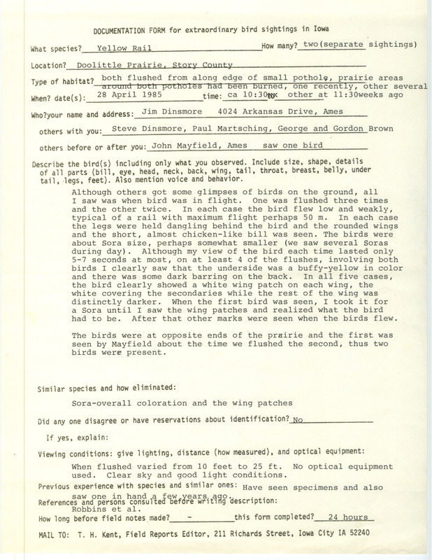 Rare bird documentation form for two Yellow Rails in two separate sightings at Doolittle Prairie in Story County, IA on April 28, 1985.