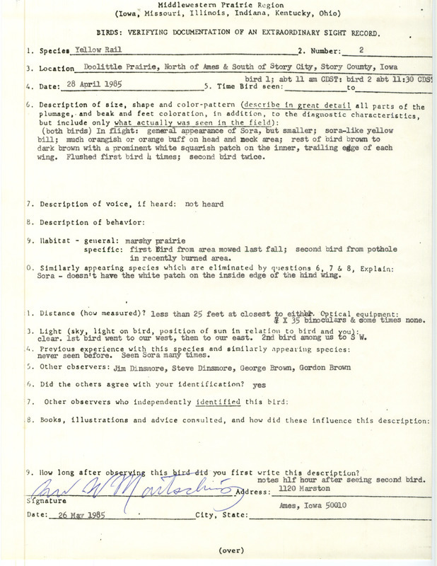 Rare bird documentation form for two Yellow Rails at Doolittle Prairie in Story County, IA on April 28, 1985.