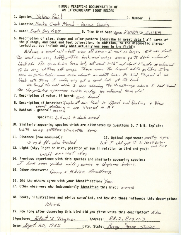 Rare bird documentation form for a Yellow Rail at Snake Creek March in Greene County, IA on September 30, 1985.