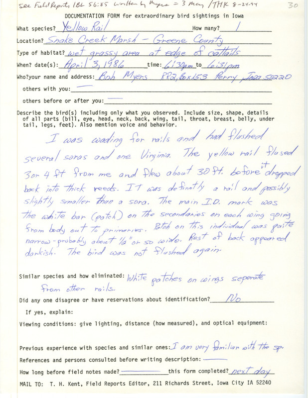 Rare bird documentation form for a Yellow Rail at Snake Creek March in Greene County, IA on April 3, 1986.