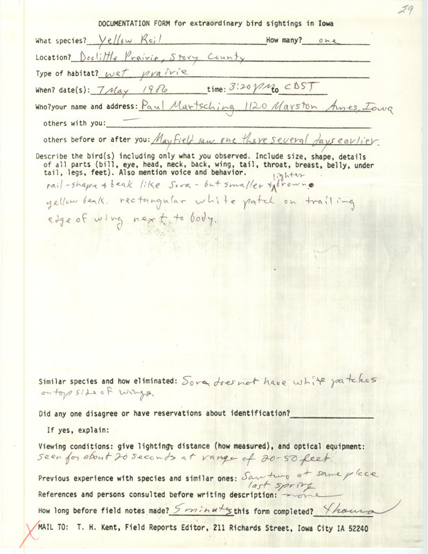 Rare bird documentation form for a Yellow Rail at Doolittle Prairie in Story County, IA on May 7, 1986.