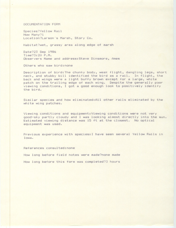 Rare bird documentation form for a Yellow Rail at Larson's March in Story County, IA on September 23, 1986.