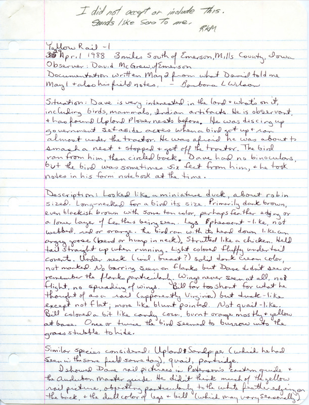 Rare bird documentation form for a Yellow Rail south of Emerson in Mills County, IA on April 29, 1988.