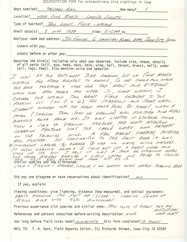 Rare bird documentation form for a Yellow Rail near Cone March in Louisa County, IA on May 7, 1989.