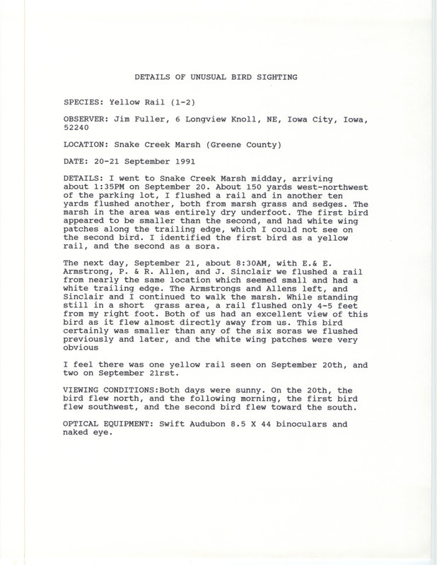 Rare bird documentation form for one to two Yellow Rails at Snake Creek March in Greene County, IA on September 20 and September 21, 1991.