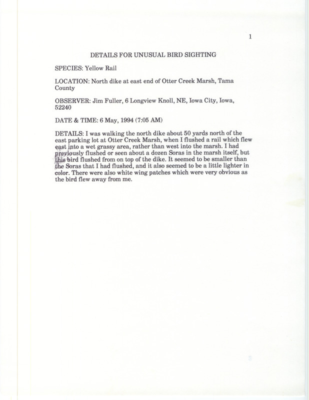 Rare bird documentation form for a Yellow Rail at Otter Creek March in Tama County, IA on May 6, 1994.