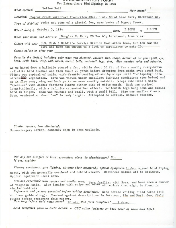 Rare bird documentation form for a Yellow Rail at Dugout Creek Waterfowl Production Area in Dickinson County, IA on October 5, 1994.