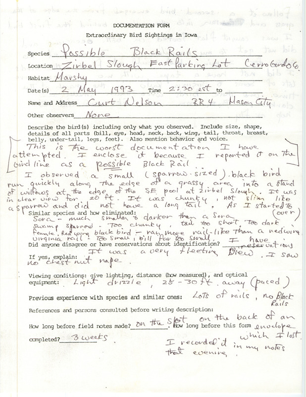 Rare bird documentation form for a Black Rail at Zirbel Slough in Cerro Gordo County, IA on May 2, 1993.