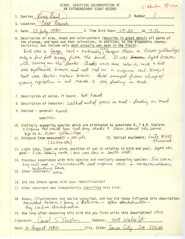 Rare bird documentation form for a King Rail at Cone March in Louisa County, IA on July 22, 1980.