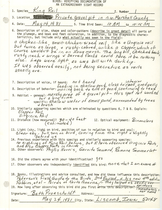 Rare bird documentation form for a King Rail in northwest Marshall County, IA on May 14, 1981.