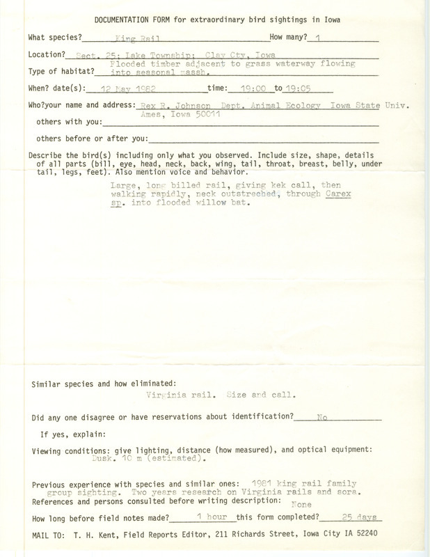 Rare bird documentation form for a King Rail at Lake Township in Clay County, IA on May 12, 1982.