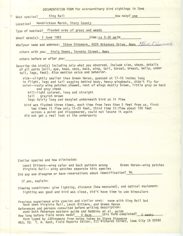 Rare bird documentation form for a King Rail at Hendrickson March in Story County, IA on June 2, 1982.