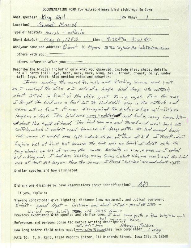 Rare bird documentation form for a King Rail at Sweet March at Bremer County, IA on May 6, 1983.