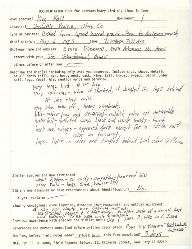 Rare bird documentation form for King Rail at Doolittle Prairie in Story County, IA on May 6, 1983.