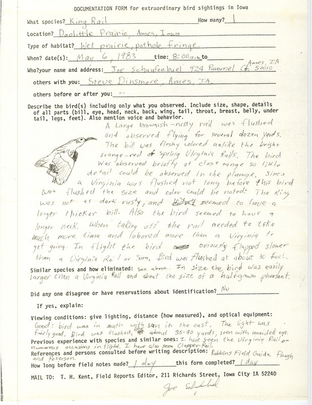 Rare bird documentation form for a King Rail at Doolittle Prairie in Story County, IA on May 6, 1983.