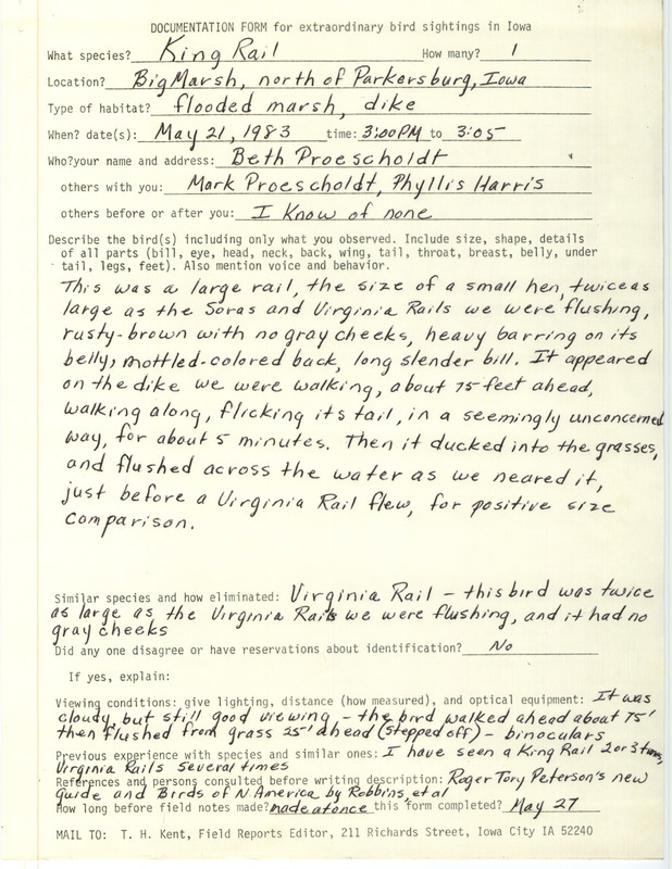 Rare bird documentation form for a King Rail at Big March in Butler County, IA on May 21, 1983.