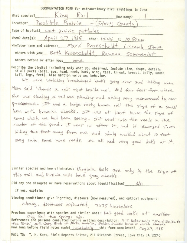 Rare bird documentation form for a King Rail at Doolittle Prairie in Story County, IA on April 27, 1985.