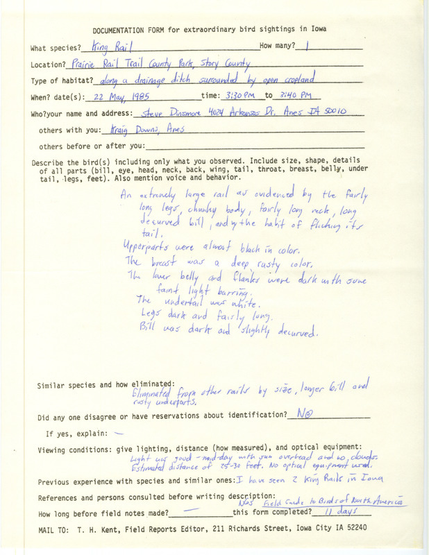 Rare bird documentation form for a King Rail at Prairie Rail Trail County Park in Story County, IA on May 22, 1985.