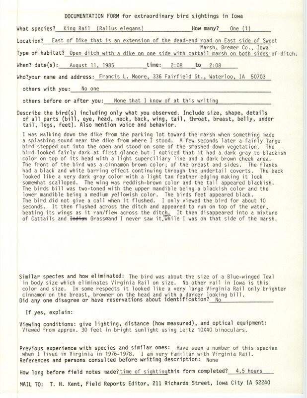 Rare bird documentation form for a King Rail at Sweet March in Bremer County, IA on August 11, 1985.