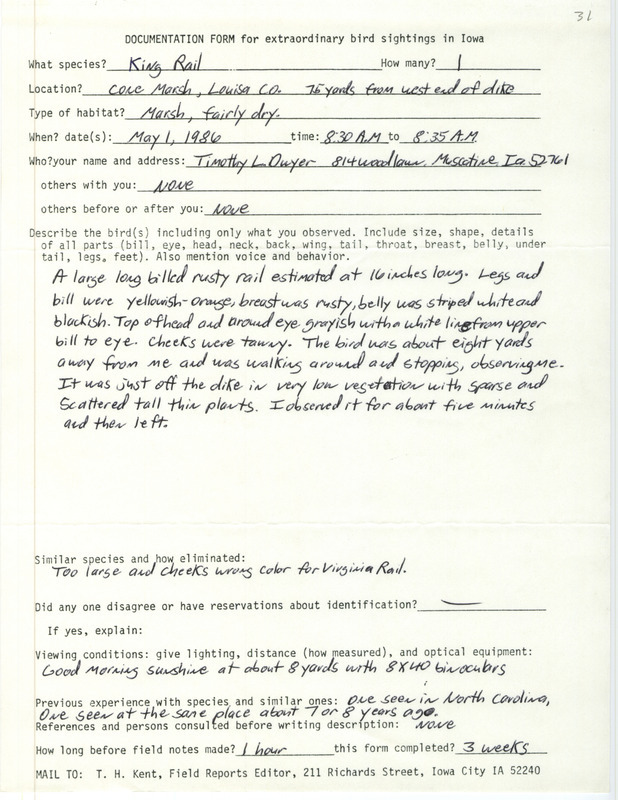 Rare bird documentation form for a King Rail at Cone March in Louisa County, IA on May 1, 1986.