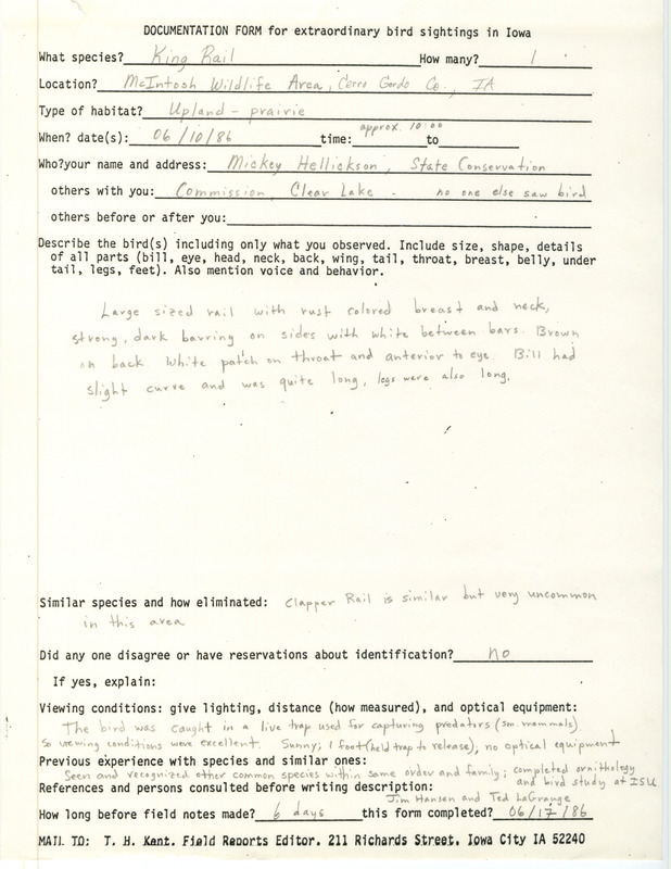 Rare bird documentation form for a King Rail at McIntosh Wildlife Area in Cerro Gordo County, IA on June 10, 1986.