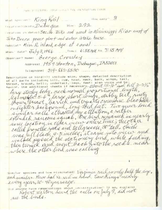 Rare bird documentation form for three King Rails north of Dubuque in Dubuque County, IA on the Mississippi River east of John Deere power plant on July 3, 1986.