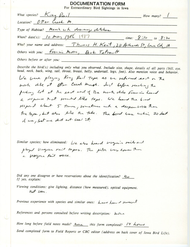 Rare bird documentation form for a King Rail at Otter Creek March in Tama County, IA on May 10, 1987.