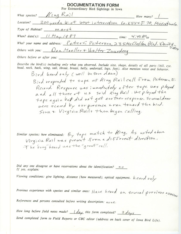 Rare bird documentation form for a King Rail at Muscatine County, IA on May 11, 1987.